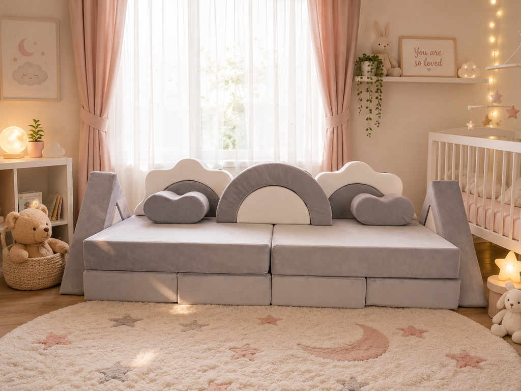 BioDew PlayFlex Modular Kids Sofa in blue velvet arranged as a play fort for kids