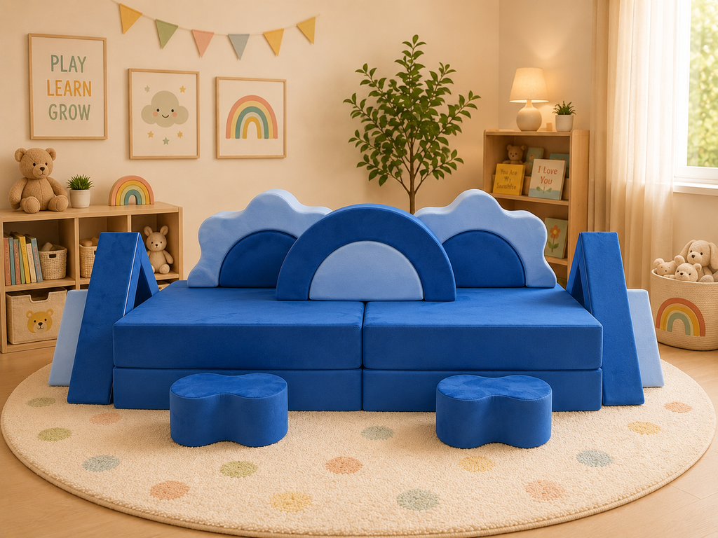 BioDew PlayFlex Modular Kids Sofa in pink velvet, front view of full play couch set